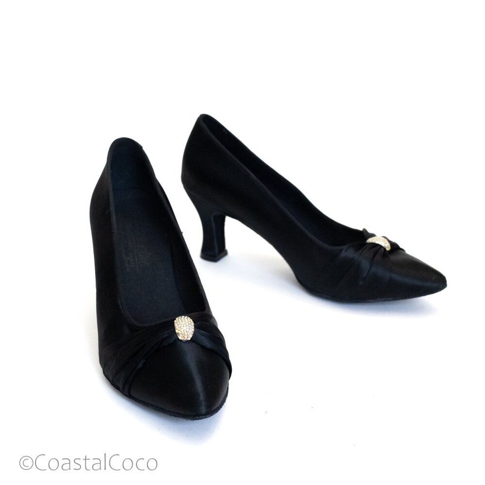 Very Fine Ladies Ballroom Dancing Shoes 8.5 Standard Black Satin Rhinestone Bow